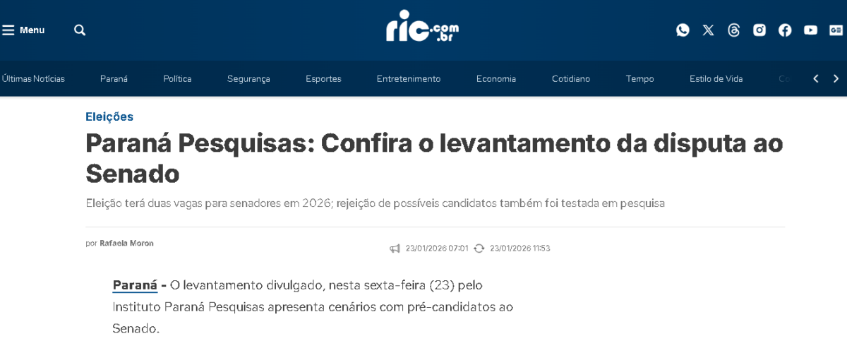 RIC cita pesquisa realizada pela Paraná Pesquisas no Estado do Paraná.