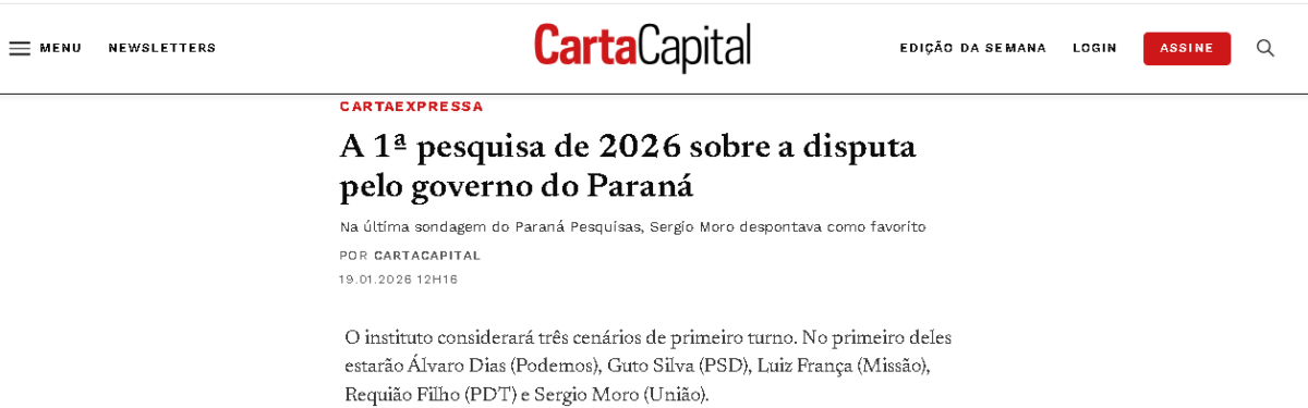 Carta Capital cita pesquisa realizada pela Paraná Pesquisas no Estado do Paraná. 2 Carta Capital cita pesquisa realizada pela Paraná Pesquisas no Estado do Paraná.