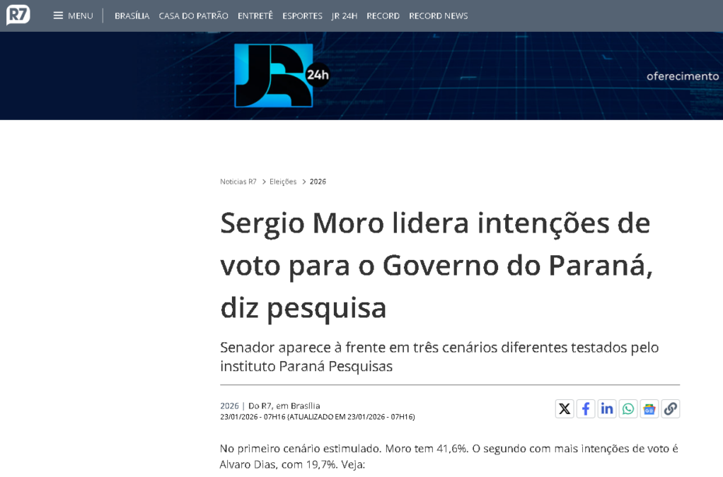R7 Notícias cita pesquisa realizada pela Paraná Pesquisas no Estado do Paraná. 2 R7 Notícias cita pesquisa realizada pela Paraná Pesquisas no Estado do Paraná.