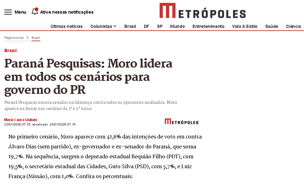 Metrópoles cita pesquisa realizada pela Paraná Pesquisas no Estado do Paraná. 2 Metrópoles cita pesquisa realizada pela Paraná Pesquisas no Estado do Paraná.