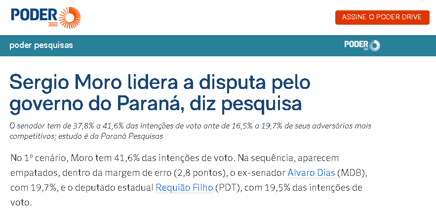 Poder 360 cita pesquisa realizada pela Paraná Pesquisas no Estado do Paraná.