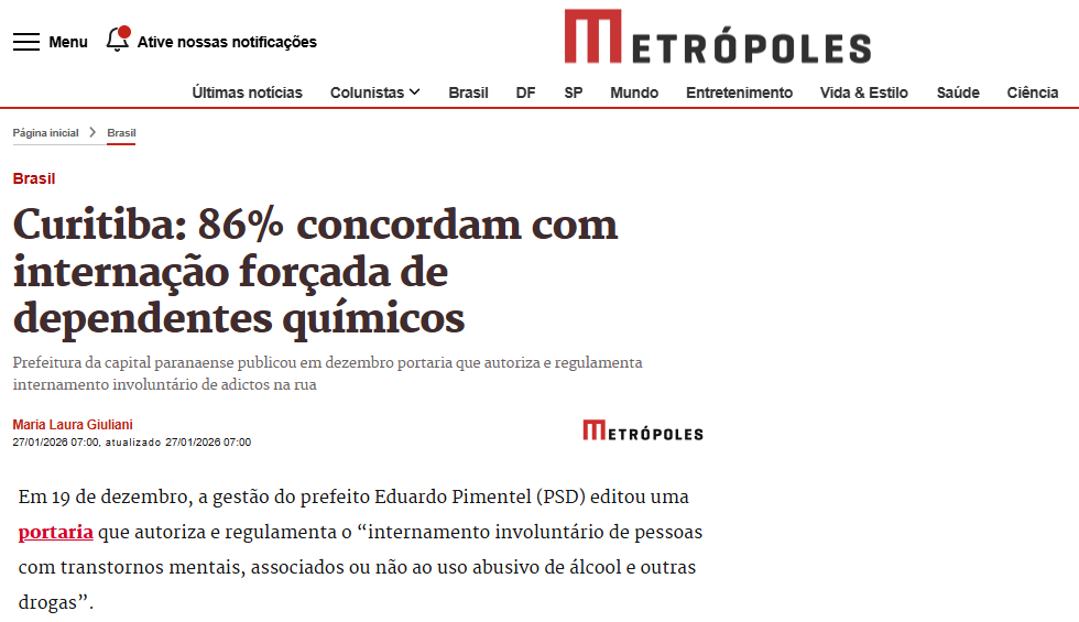 Metrópoles cita pesquisa realizada pela Paraná Pesquisas no Município de Curitiba.