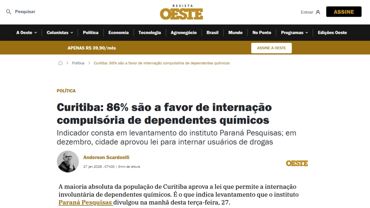 Revista Oeste cita pesquisa realizada pela Paraná Pesquisas no Município de Curitiba.