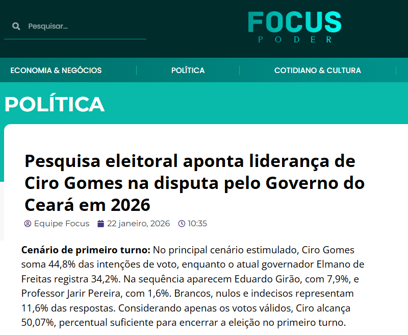 Focus Poder cita pesquisa realizada pela Paraná Pesquisas no Estado do Ceará.