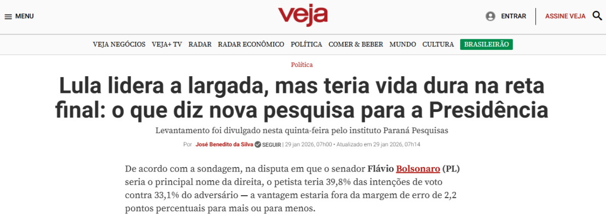 Veja cita pesquisa realizada pela Paraná Pesquisas.