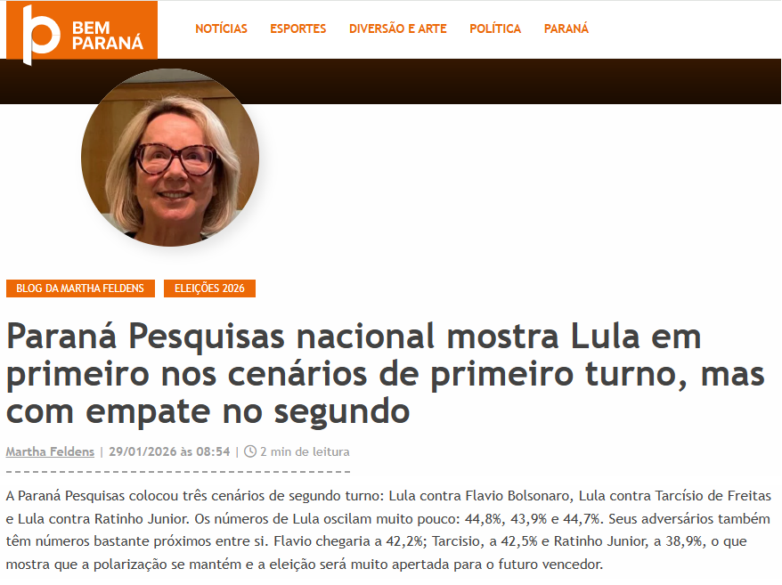 Bem Paraná cita pesquisa realizada pela Paraná Pesquisas.