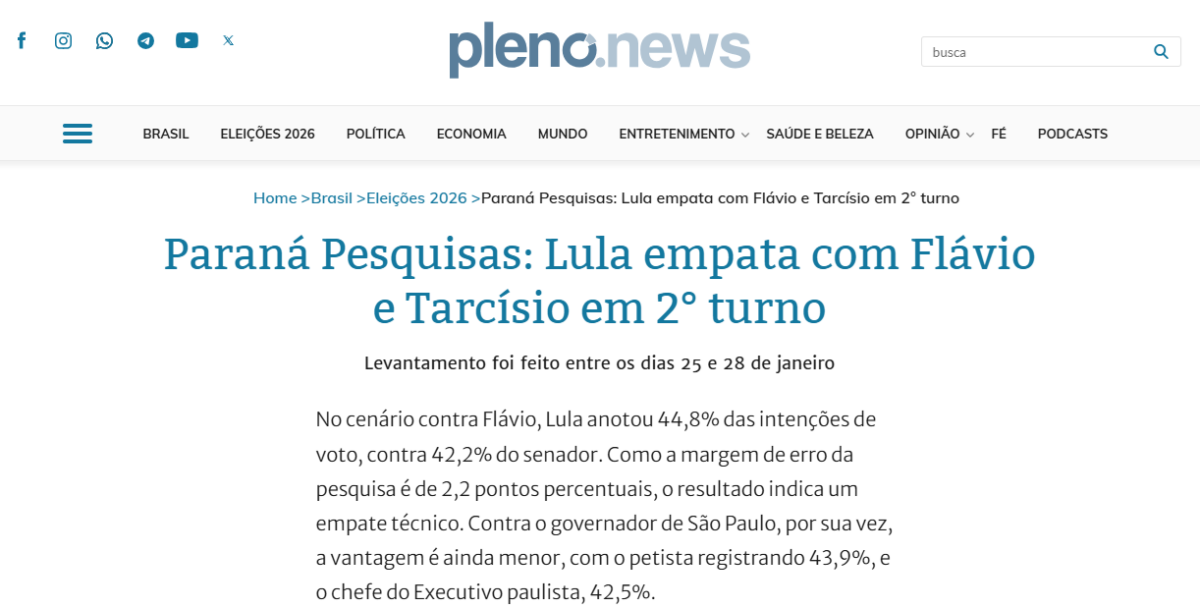 Pleno News cita pesquisa realizada pela Paraná Pesquisas.