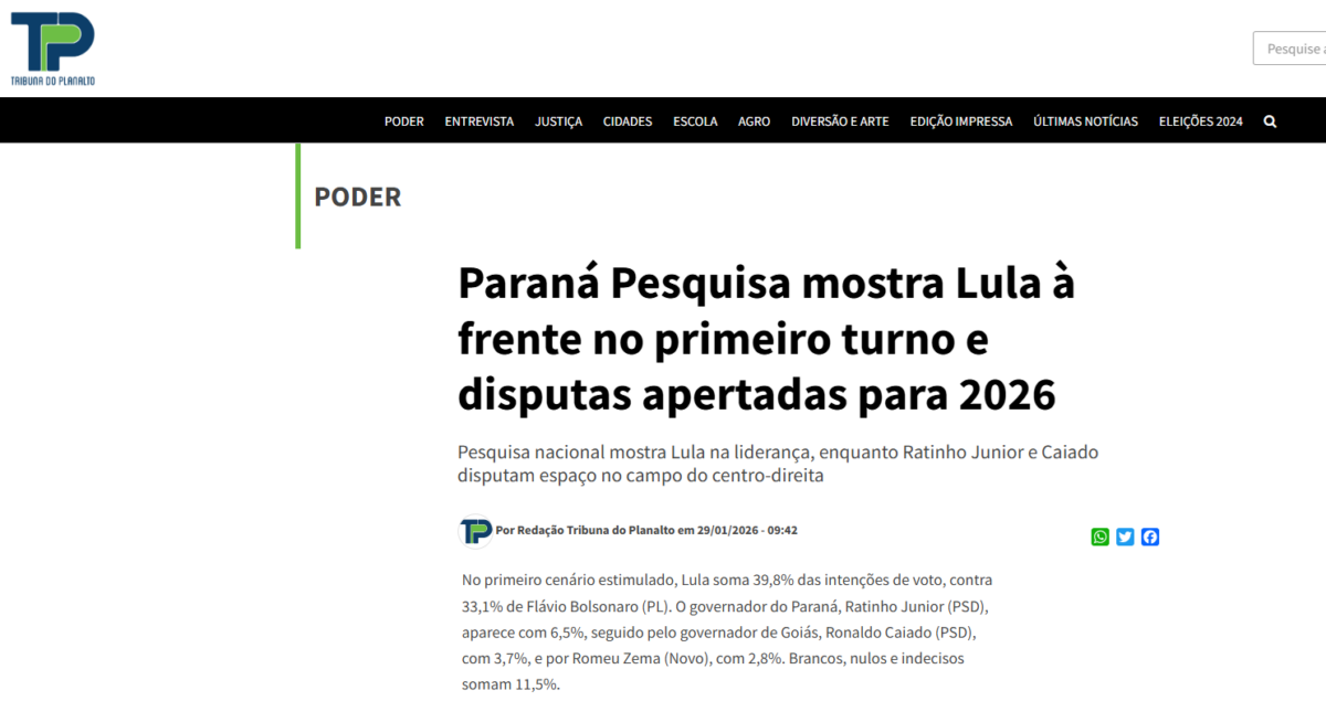 Tribuna do Planalto cita pesquisa realizada pela Paraná Pesquisas. 2 Tribuna do Planalto cita pesquisa realizada pela Paraná Pesquisas.