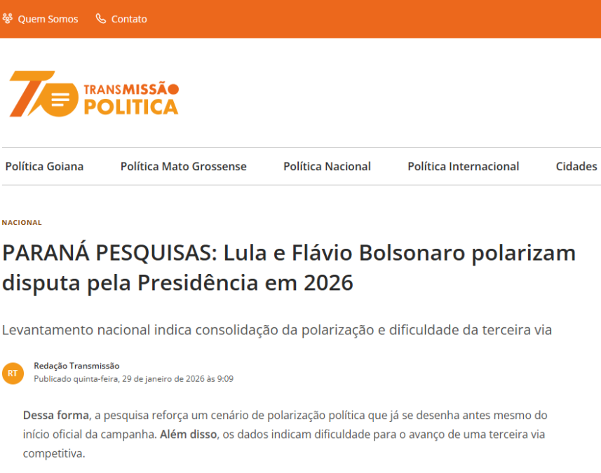 Transmissão Política cita pesquisa realizada pela Paraná Pesquisas. 2 Transmissão Política cita pesquisa realizada pela Paraná Pesquisas.