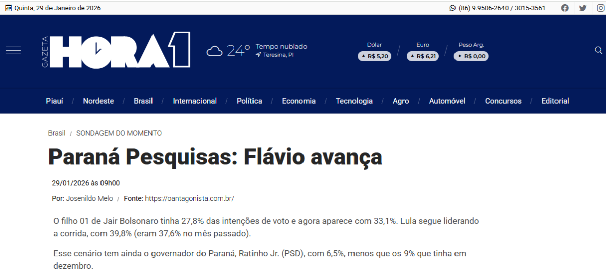 Gazeta Hora 1 cita pesquisa realizada pela Paraná Pesquisas.