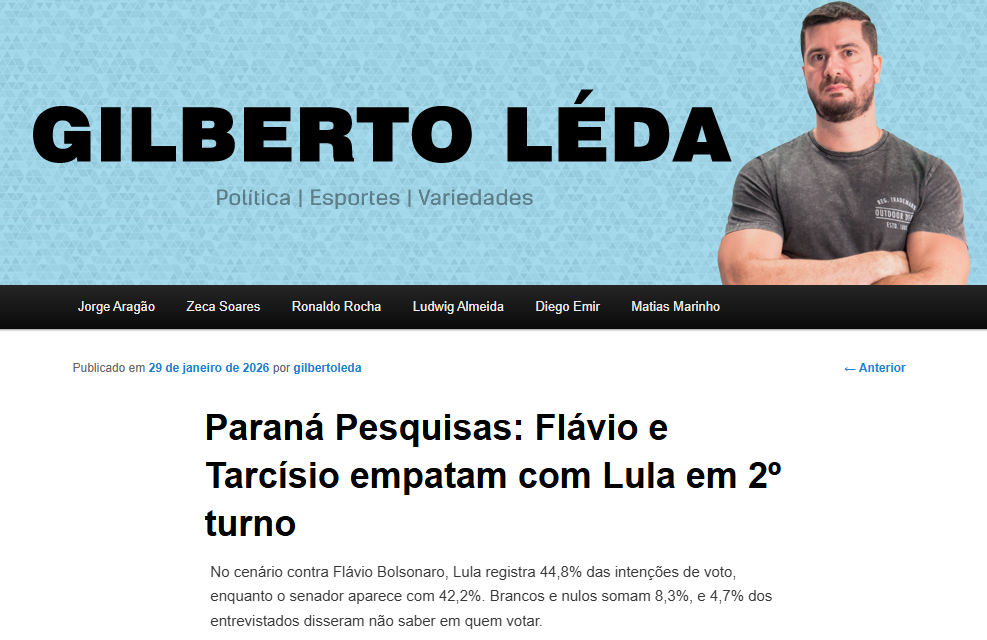 Blog Gilberto Léda cita pesquisa realizada pela Paraná Pesquisas.