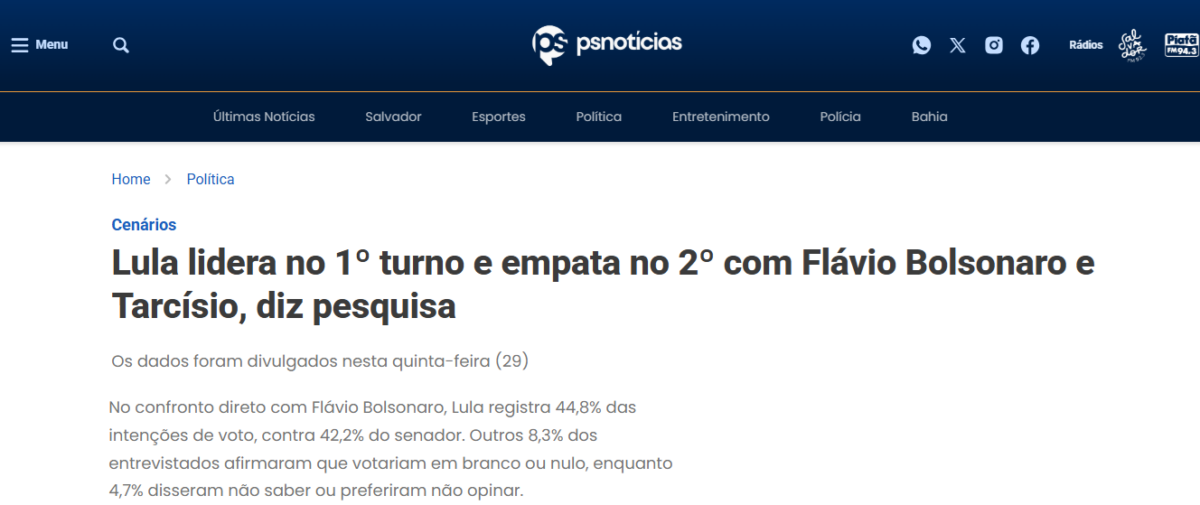 PS Notícias cita pesquisa realizada pela Paraná Pesquisas.