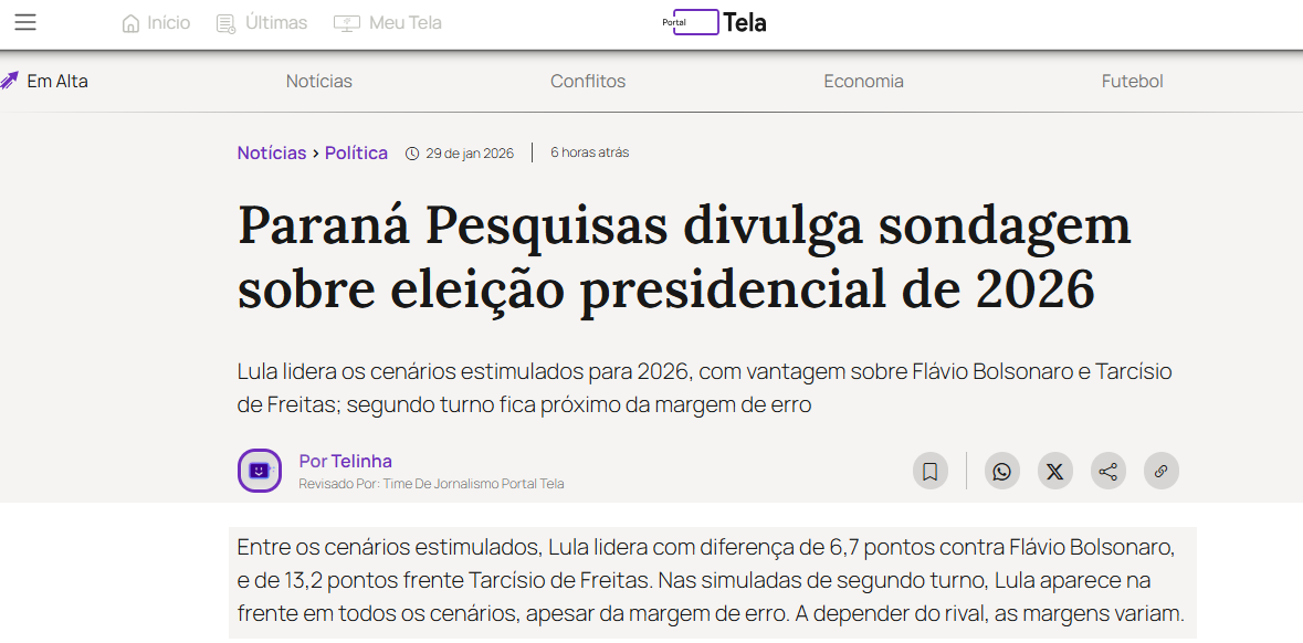 Portal Tela cita pesquisa realizada pela Paraná Pesquisas. 2 Portal Tela cita pesquisa realizada pela Paraná Pesquisas.
