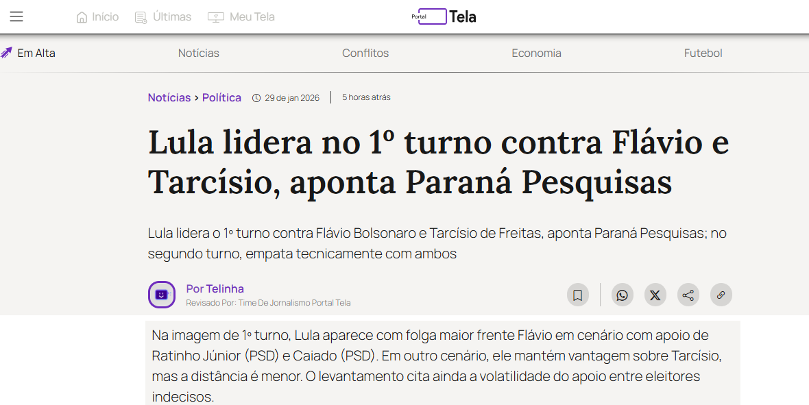 Portal Tela cita pesquisa realizada pela Paraná Pesquisas. 2 Portal Tela cita pesquisa realizada pela Paraná Pesquisas.