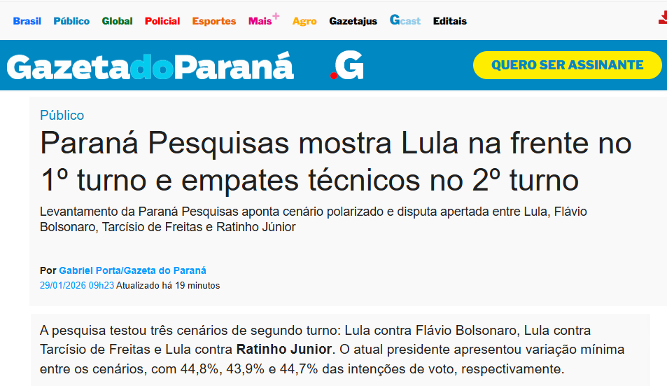 Gazeta do Paraná cita pesquisa realizada pela Paraná Pesquisas. 2 Gazeta do Paraná cita pesquisa realizada pela Paraná Pesquisas.