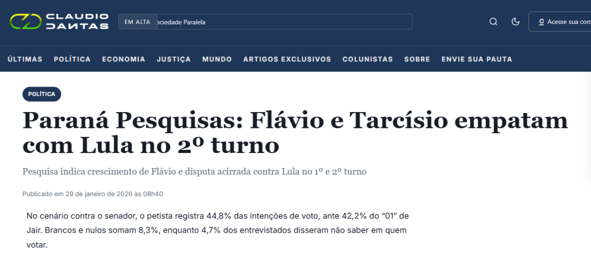 Claudio Dantas cita pesquisa realizada pela Paraná Pesquisas.