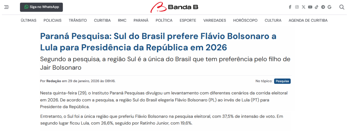 Banda B cita pesquisa realizada pela Paraná Pesquisas.