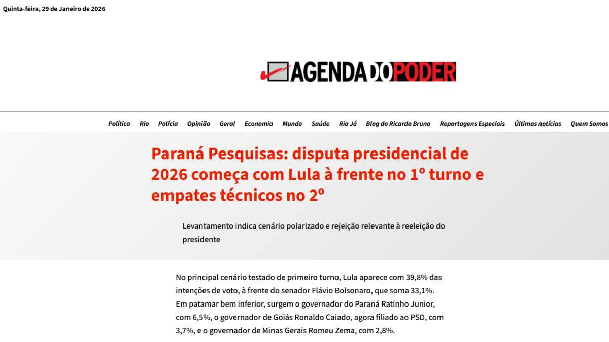 Agenda do Poder cita pesquisa realizada pela Paraná Pesquisas.