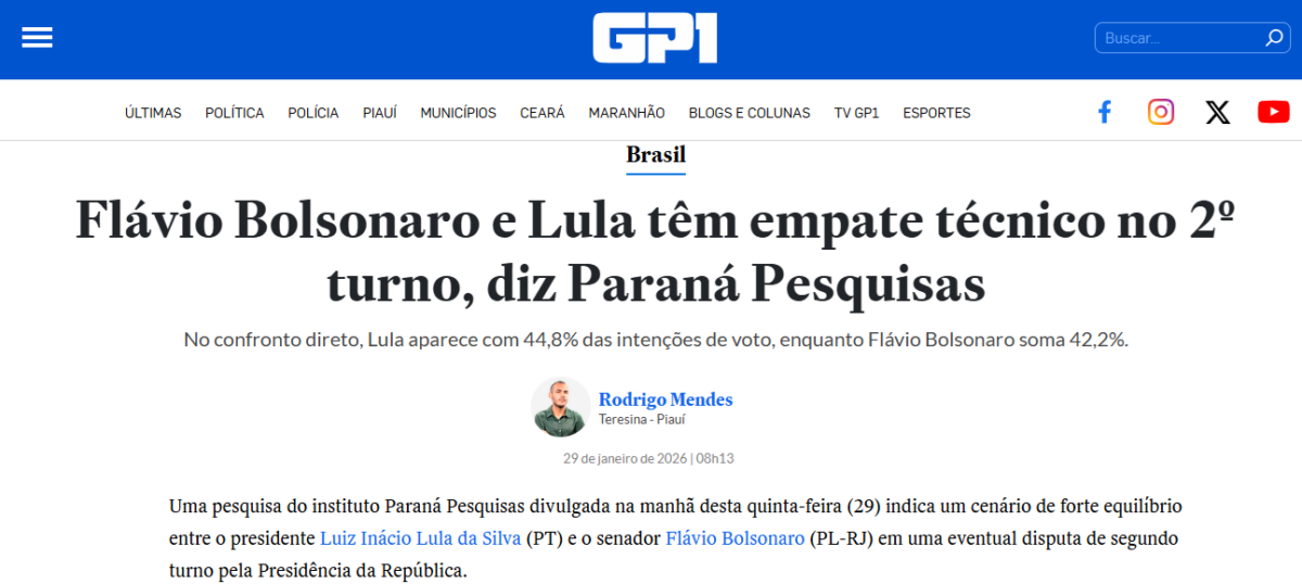 GP1 cita pesquisa realizada pela Paraná Pesquisas.