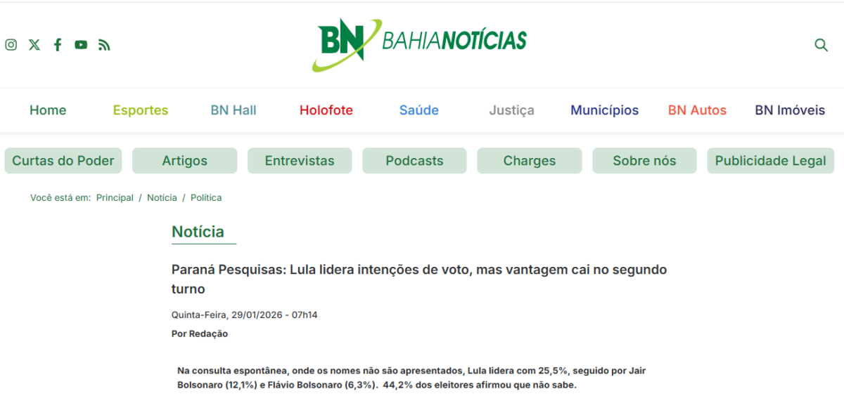 Bahia Notícias cita pesquisa realizada pela Paraná Pesquisas. 2 Bahia Notícias cita pesquisa realizada pela Paraná Pesquisas.