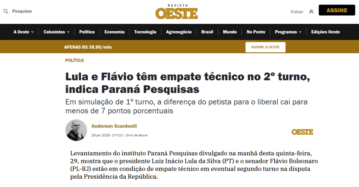 Revista Oeste cita pesquisa realizada pela Paraná Pesquisas.
