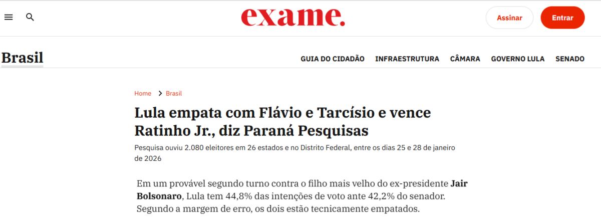Exame cita pesquisa realizada pela Paraná Pesquisas.