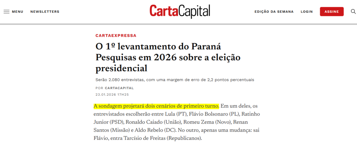 Carta Capital cita pesquisa realizada pela Paraná Pesquisas.