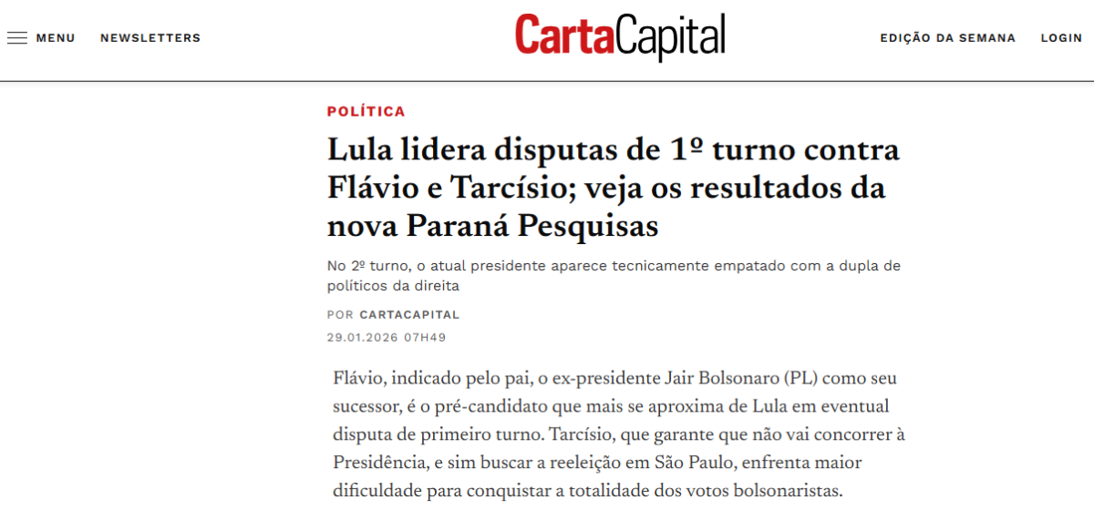 Carta Capital cita pesquisa realizada pela Paraná Pesquisas.