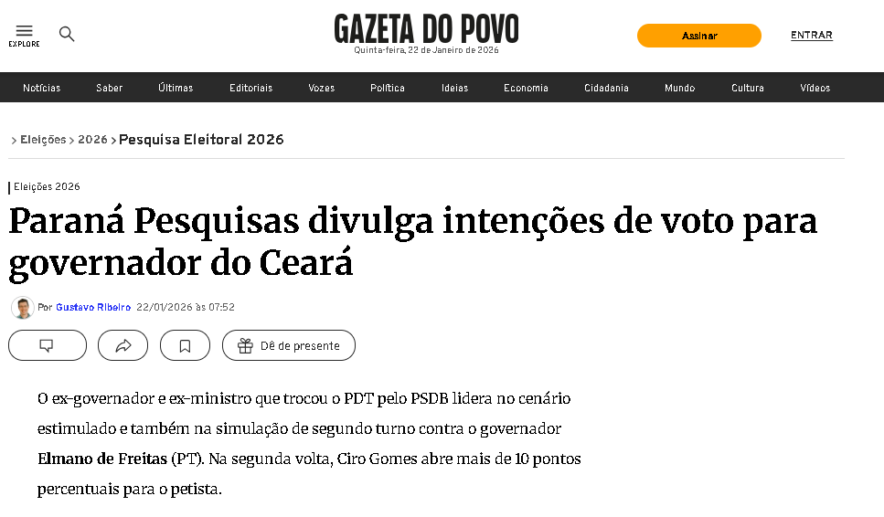 Gazeta do Povo cita pesquisa realizada pela Paraná Pesquisas no Estado do Ceará.
