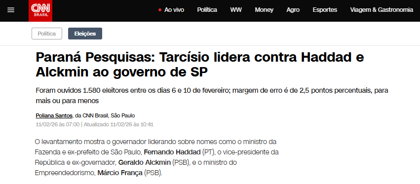 CNN Brasil cita pesquisa realizada pela Paraná Pesquisas no Estado de São Paulo.
