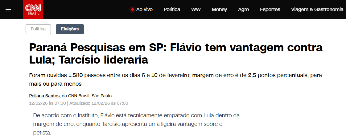 CNN Brasil cita pesquisa realizada pela Paraná Pesquisas no Estado de São Paulo.