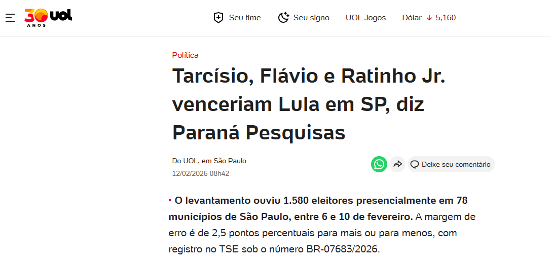UOL Notícias cita pesquisa realizada pela Paraná Pesquisas no Estado de São Paulo. 2 UOL Notícias cita pesquisa realizada pela Paraná Pesquisas no Estado de São Paulo.