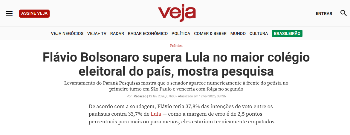 Veja cita pesquisa realizada pela Paraná Pesquisas no Estado de São Paulo.