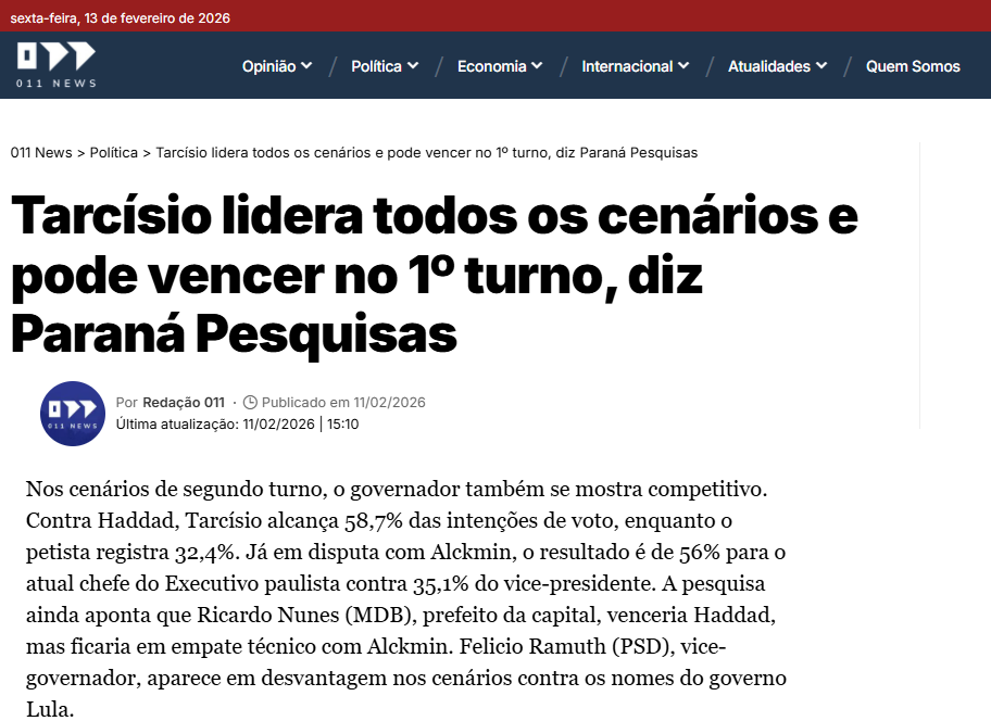 011 News cita pesquisa realizada pela Paraná Pesquisas no Estado de São Paulo.