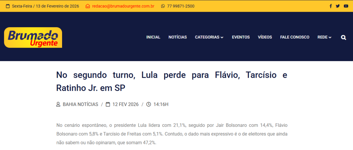 Brumado Urgente cita pesquisa realizada pela Paraná Pesquisas no Estado de São Paulo. 2 Brumado Urgente cita pesquisa realizada pela Paraná Pesquisas no Estado de São Paulo.