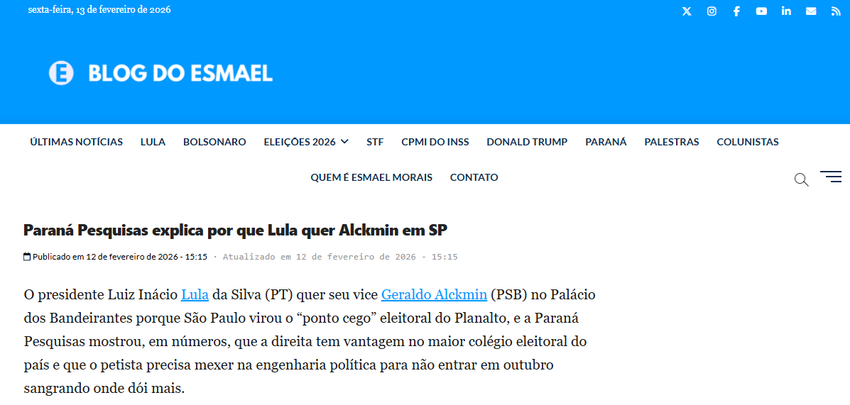 Blog do Esmael cita pesquisa realizada pela Paraná Pesquisas no Estado de São Paulo. 2 Blog do Esmael cita pesquisa realizada pela Paraná Pesquisas no Estado de São Paulo.