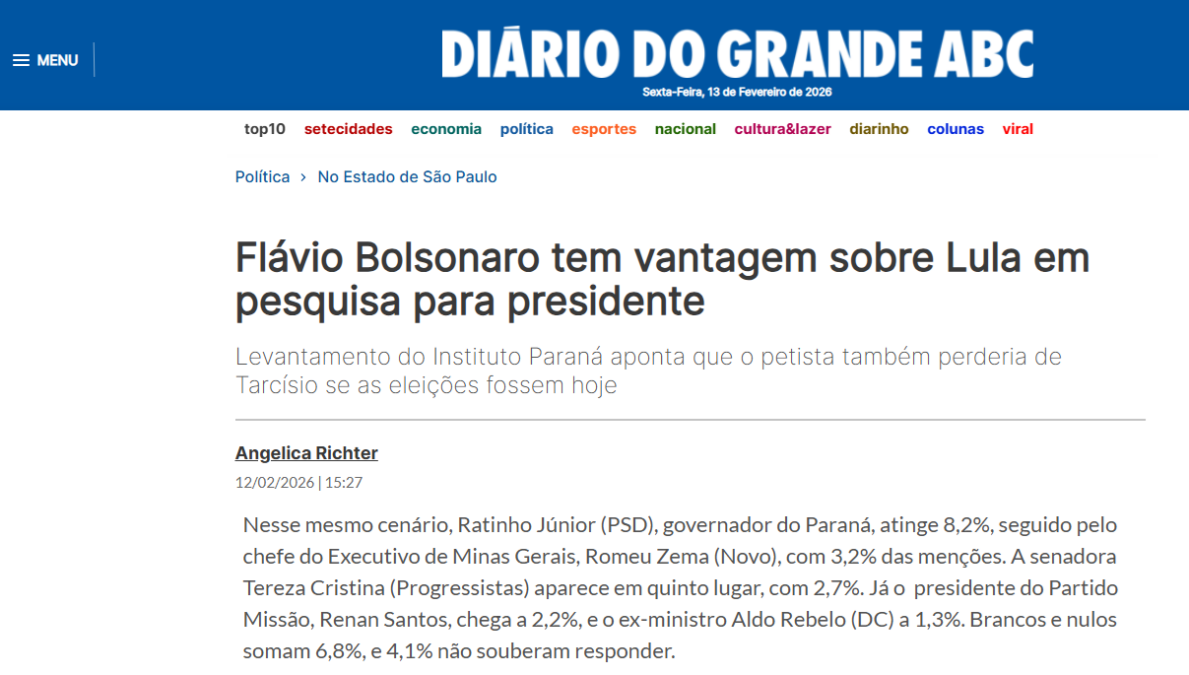 Diário do Grande ABC cita pesquisa realizada pela Paraná Pesquisas no Estado de São Paulo. 2 Diário do Grande ABC cita pesquisa realizada pela Paraná Pesquisas no Estado de São Paulo.
