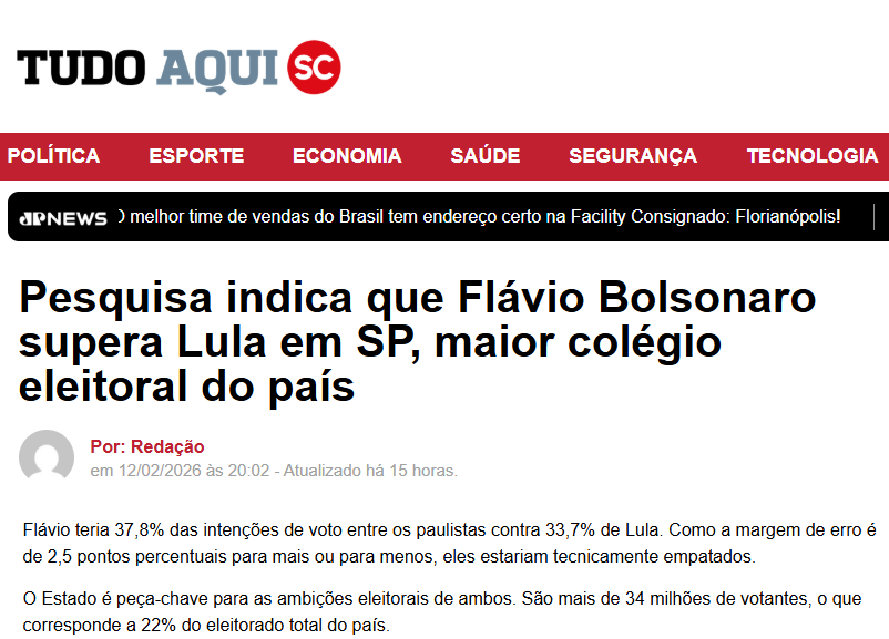 Tudo Aqui SC cita pesquisa realizada pela Paraná Pesquisas no Estado de São Paulo. 2 Tudo Aqui SC cita pesquisa realizada pela Paraná Pesquisas no Estado de São Paulo.