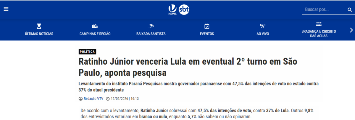 VTV News cita pesquisa realizada pela Paraná Pesquisas no Estado de São Paulo. 2 VTV News cita pesquisa realizada pela Paraná Pesquisas no Estado de São Paulo.