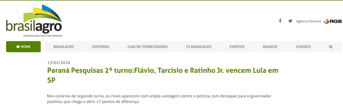 Brasil Agro cita pesquisa realizada pela Paraná Pesquisas no Estado de São Paulo. 2 Brasil Agro cita pesquisa realizada pela Paraná Pesquisas no Estado de São Paulo.