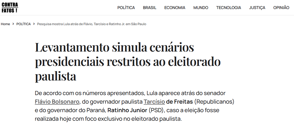Contra Fatos cita pesquisa realizada pela Paraná Pesquisas no Estado de São Paulo.