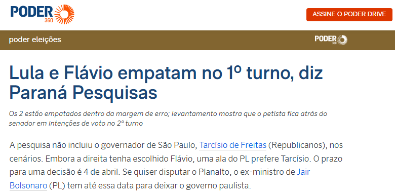 Poder 360 cita pesquisa realizada pela Paraná Pesquisas.