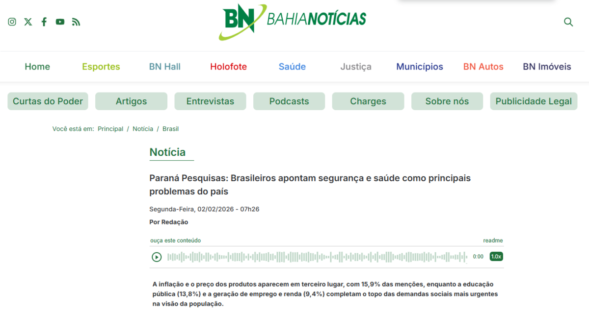 Bahia Notícias cita pesquisa realizada pela Paraná Pesquisas.