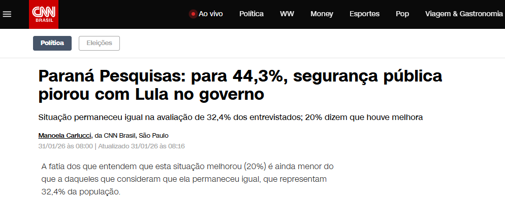 CNN Brasil cita pesquisa realizada pela Paraná Pesquisas. 2 CNN Brasil cita pesquisa realizada pela Paraná Pesquisas.