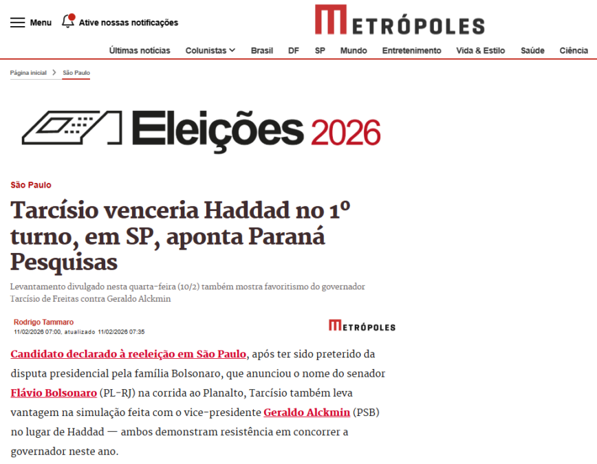 Metrópoles cita pesquisa realizada pela Paraná Pesquisas no Estado de São Paulo.
