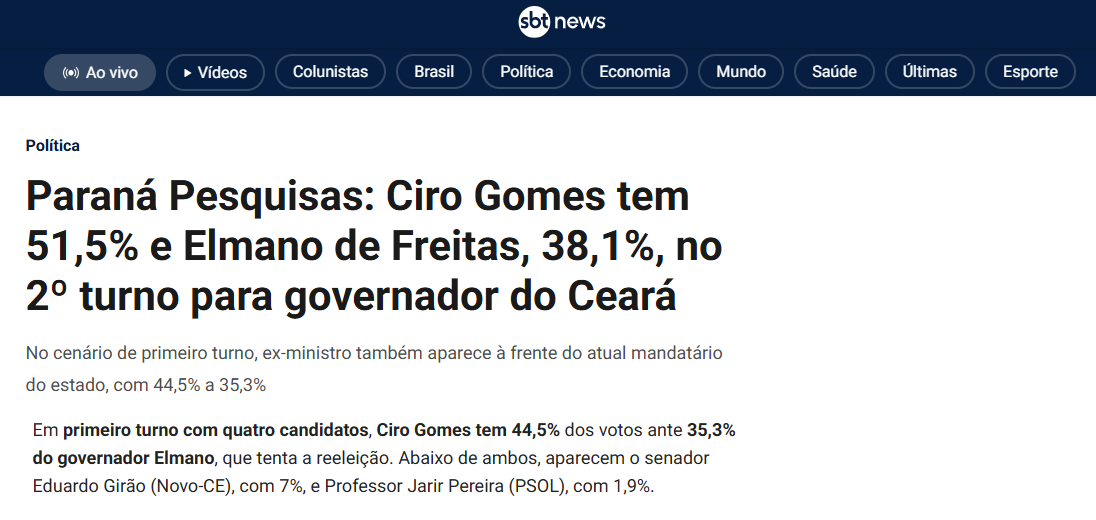 SBT News cita pesquisa realizada pela Paraná Pesquisas no Estado do Ceará. 2 SBT News cita pesquisa realizada pela Paraná Pesquisas no Estado do Ceará.
