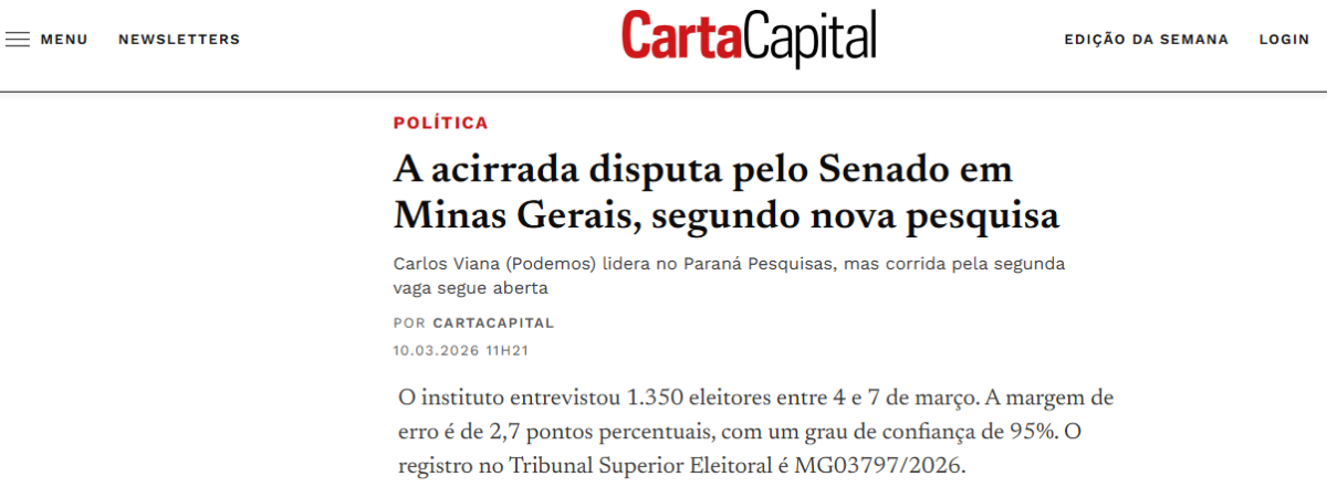 Carta Capital cita pesquisa realizada pela Paraná Pesquisas no Estado de Minas Gerais. 2 Carta Capital cita pesquisa realizada pela Paraná Pesquisas no Estado de Minas Gerais.