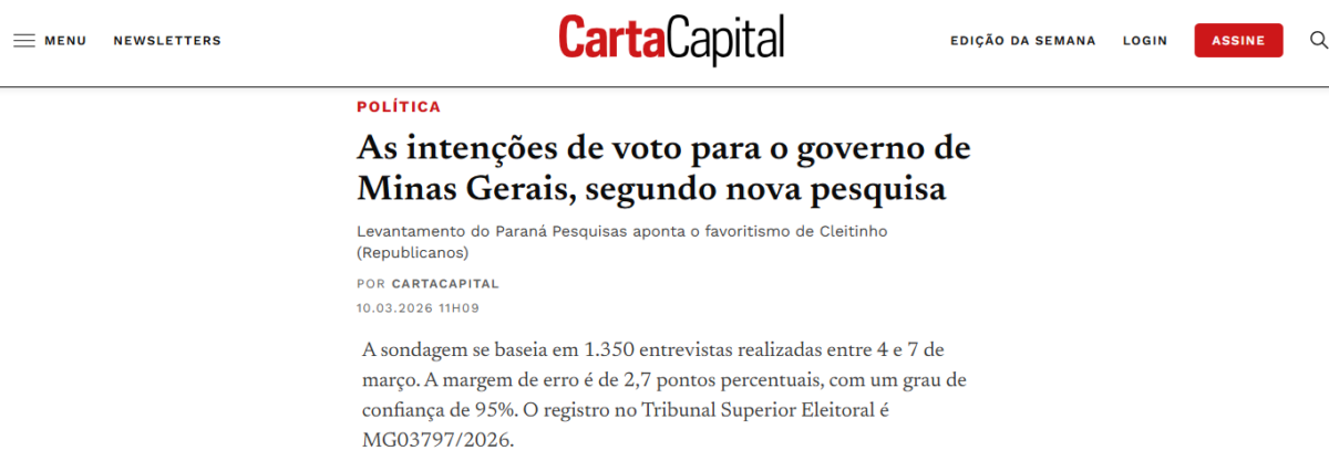 Carta Capital cita pesquisa realizada pela Paraná Pesquisas no Estado de Minas Gerais.