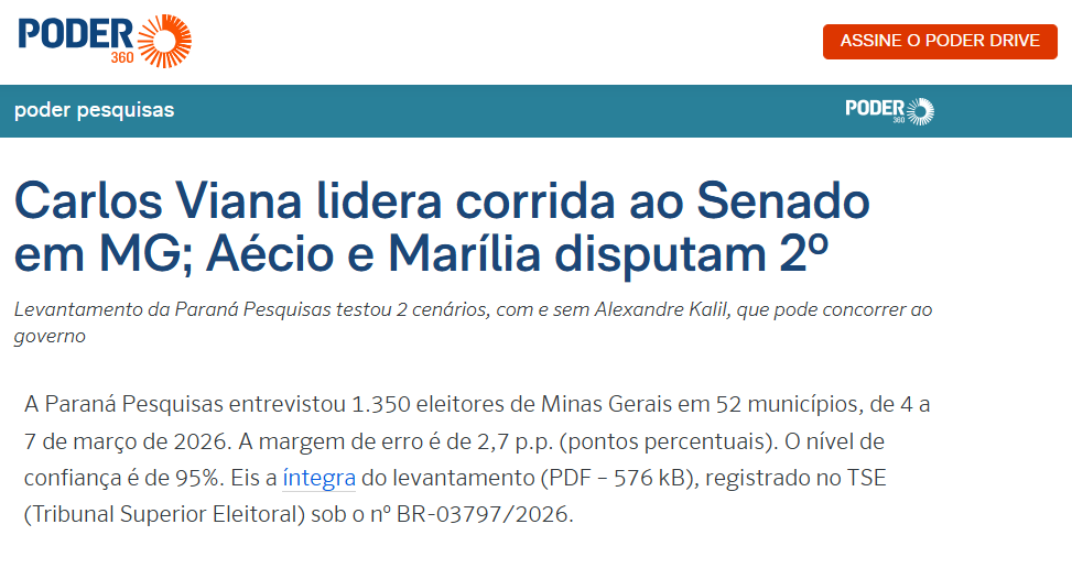 Poder 360 cita pesquisa realizada pela Paraná Pesquisas no Estado de Minas Gerais.