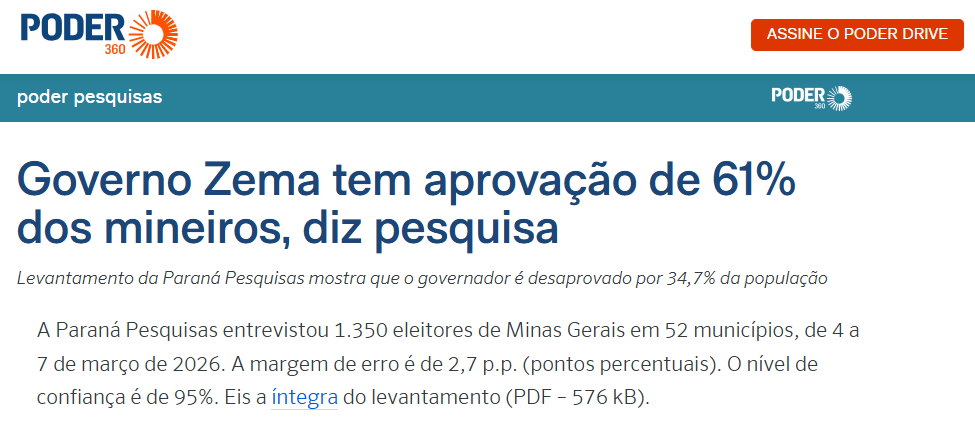 Poder 360 cita pesquisa realizada pela Paraná Pesquisas no Estado de Minas Gerais. 2 Poder 360 cita pesquisa realizada pela Paraná Pesquisas no Estado de Minas Gerais.